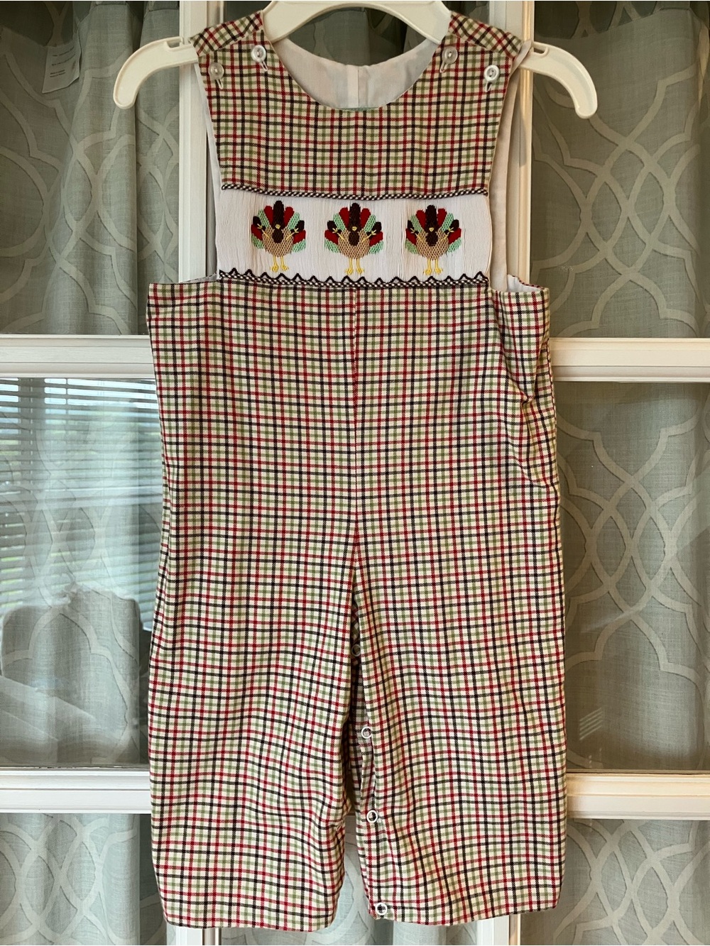 Thanksgiving smocked romper with turkeys embroidery